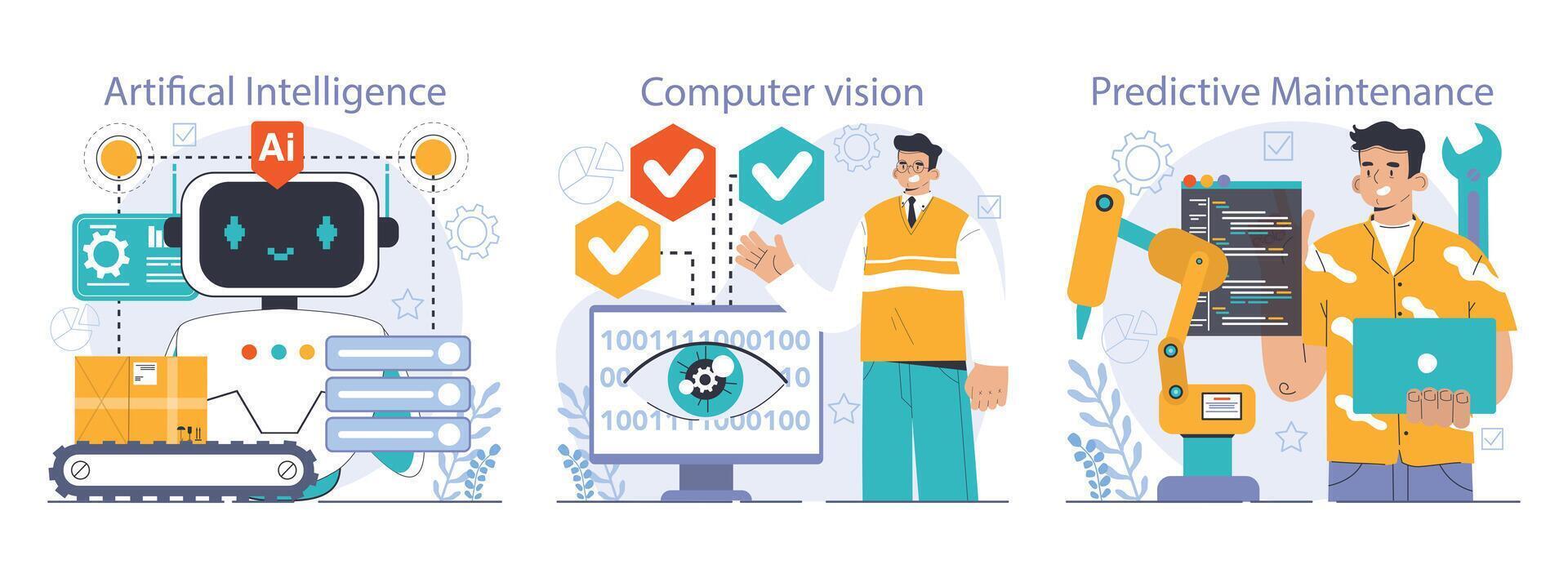 Robotic manufacture set. Automated systems or AI working for manufacturing vector