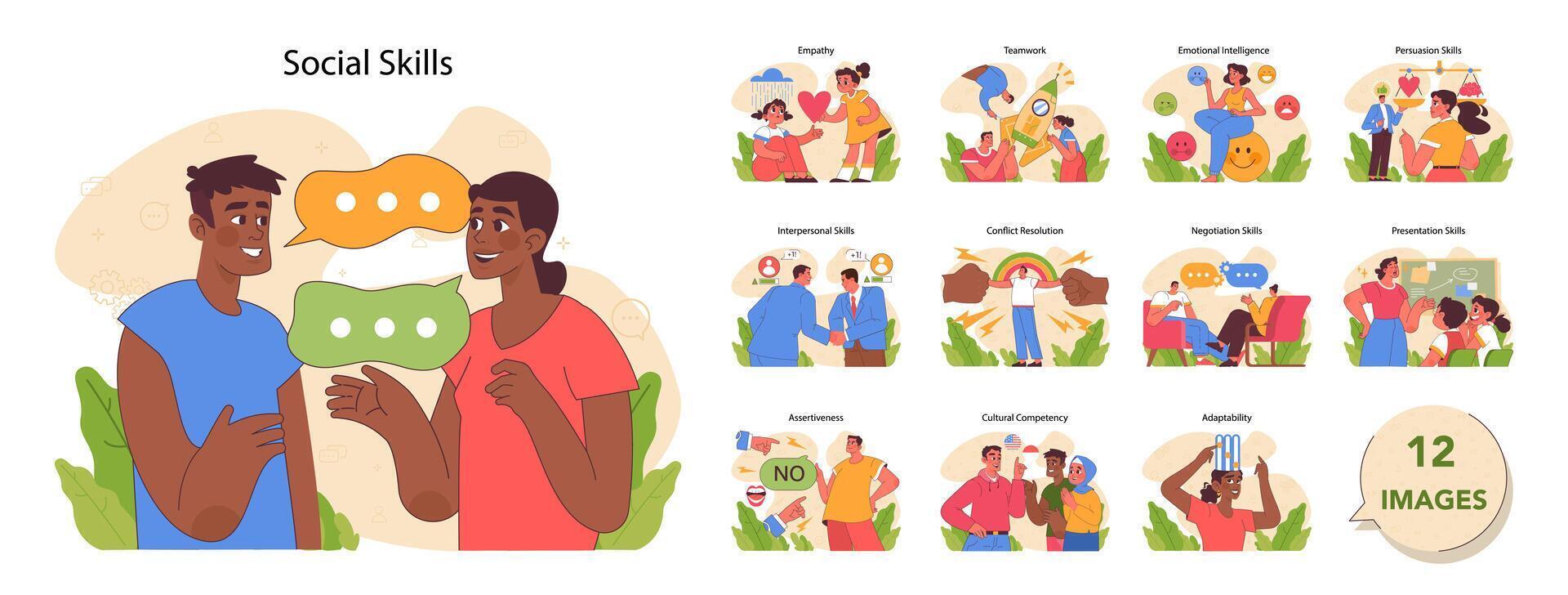 Social skills set. Flat vector illustration