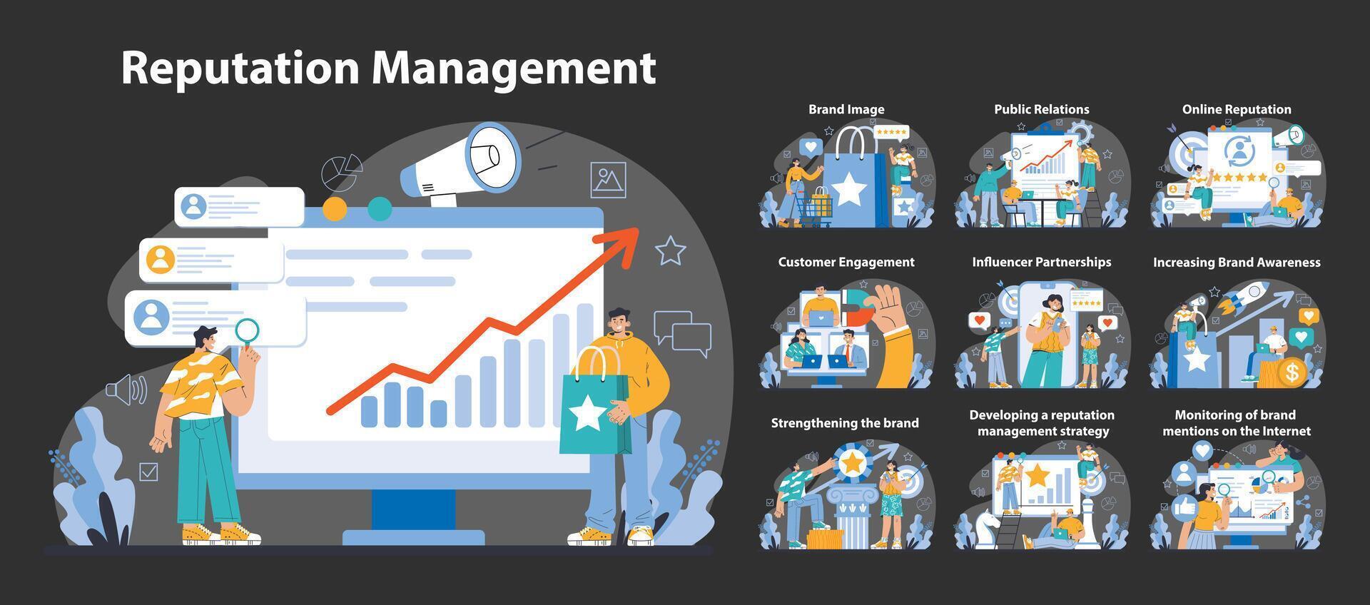 Reputation management dark or night mode set. Building relationship vector