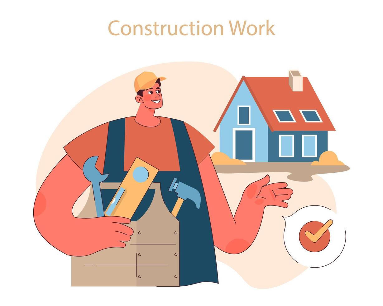 Construction work. A smiling worker with tools highlights home vector