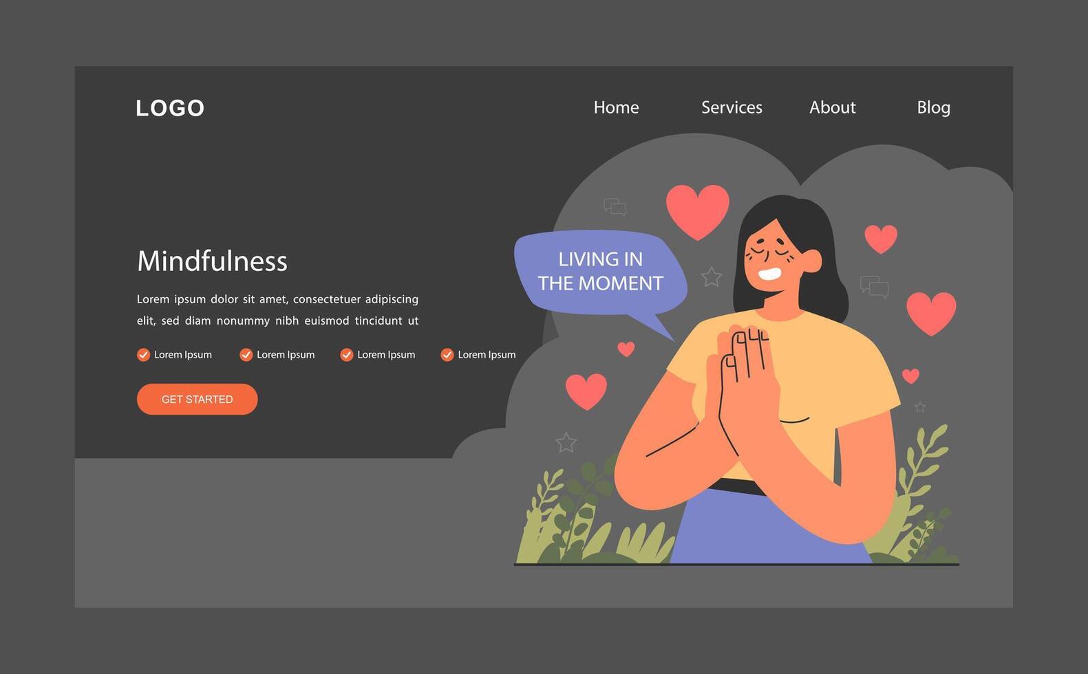 Mindfulness web banner or landing page dark or night mode. Emotional vector