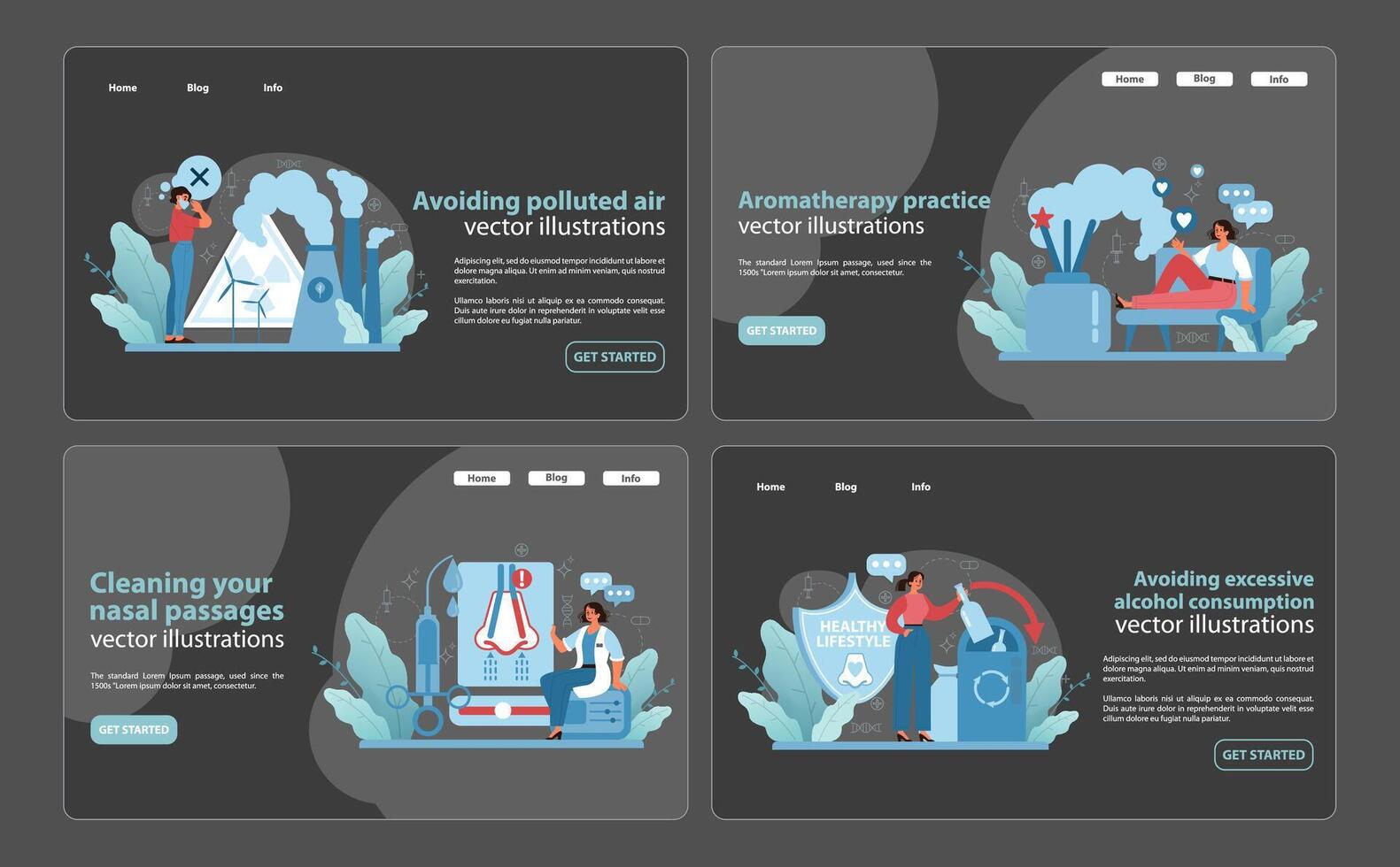 oler cuidado Guia colocar. web pancartas representar evitación de aire contaminación, aromaterapia beneficios. vector