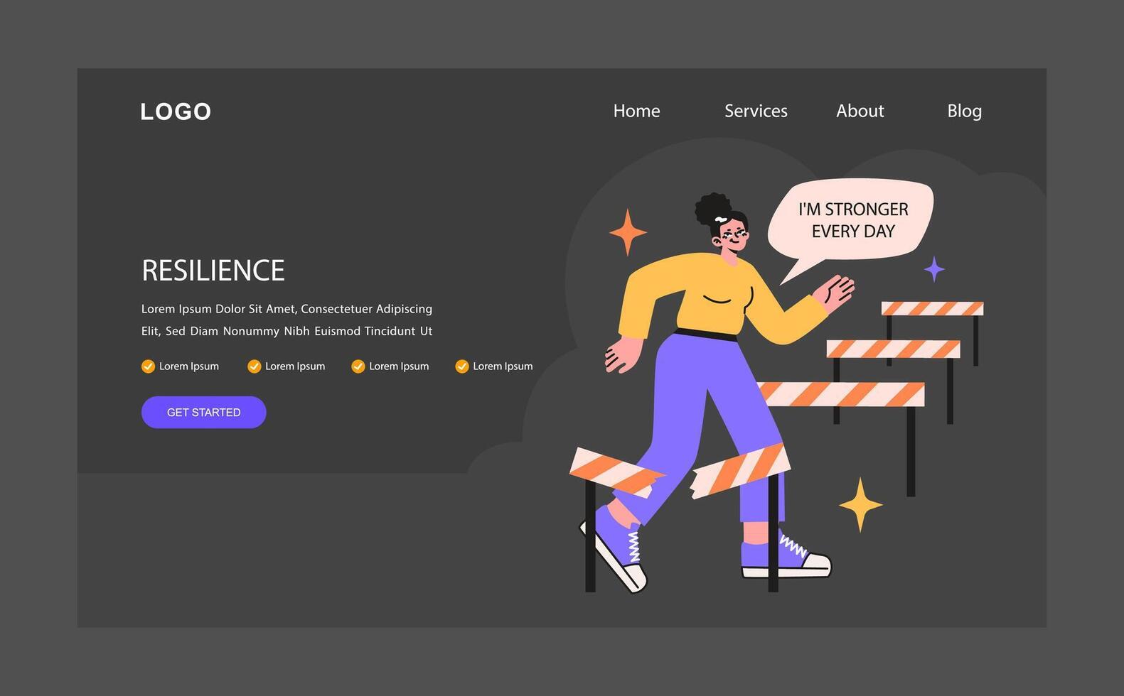 Resilience night or dark mode web banner or landing page. Confident woman vector