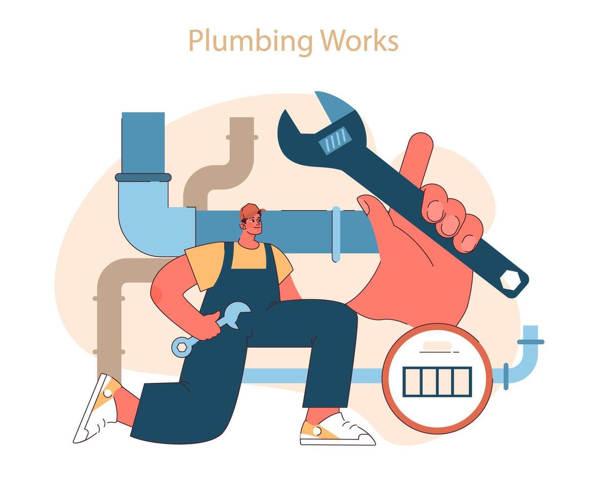 Plumbing works. A skilled plumber with tools at the ready for pipe repairs vector