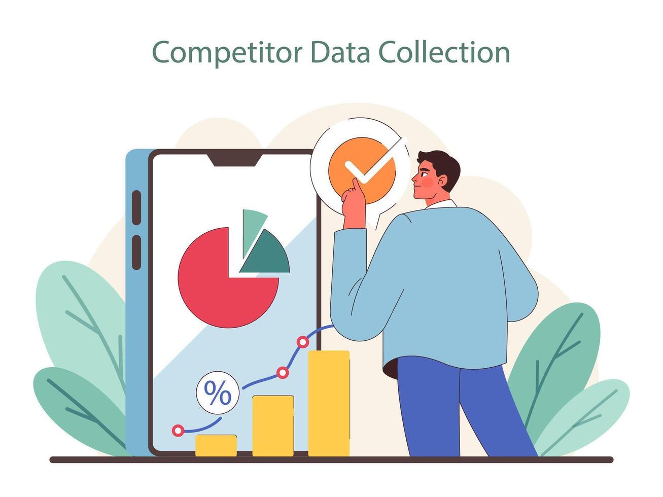 Competitor Data Collection concept. A marketer analyzes market share and performance metrics vector