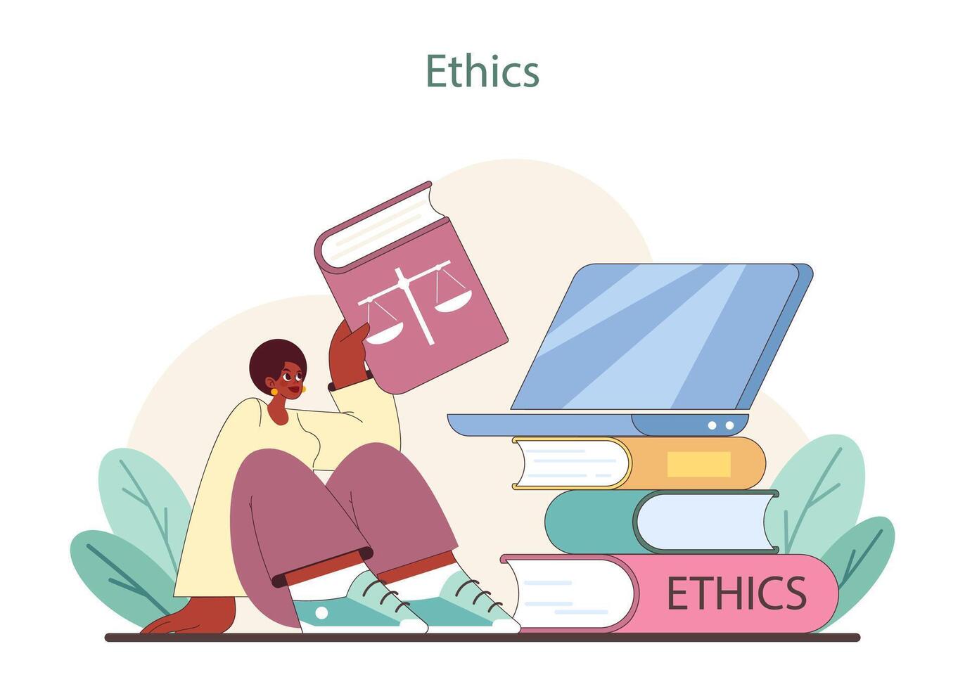 Ethics study concept. A person engrossed in literature on ethics, beside a laptop and stacked books. vector