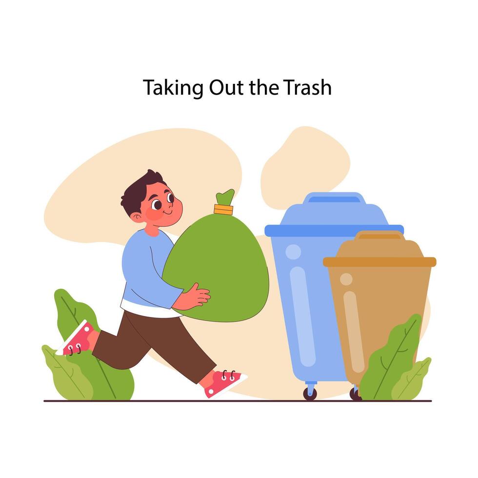 Child doing household chores. Formation of your child's responsibility. vector