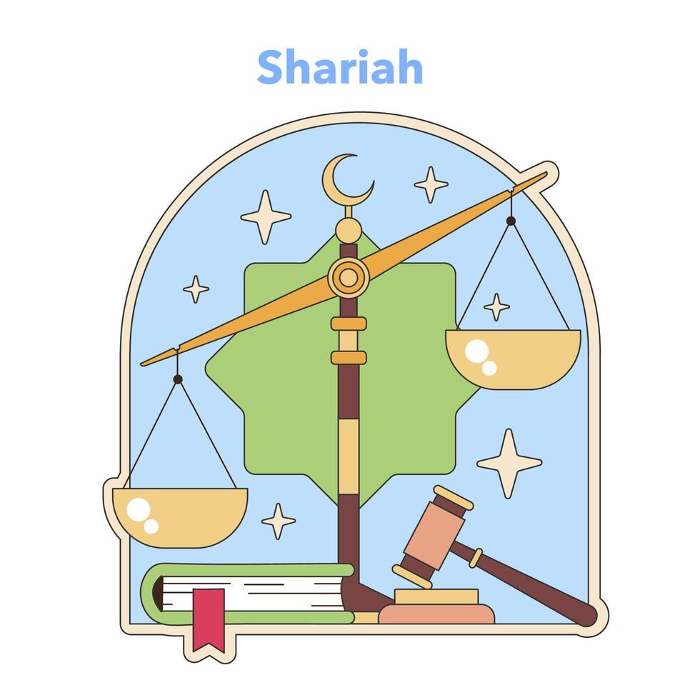 Shariah law concept with scales of justice under a crescent moon. Flat vector illustration