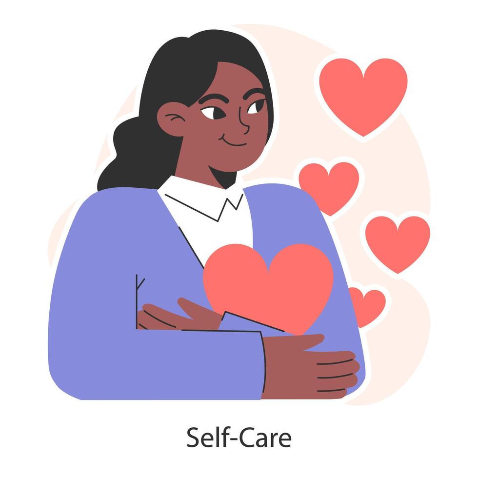 Confident woman embracing self-care, surrounded by hearts. Personal vector