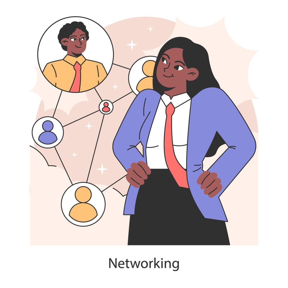 Networking. Female business character building professional connections vector