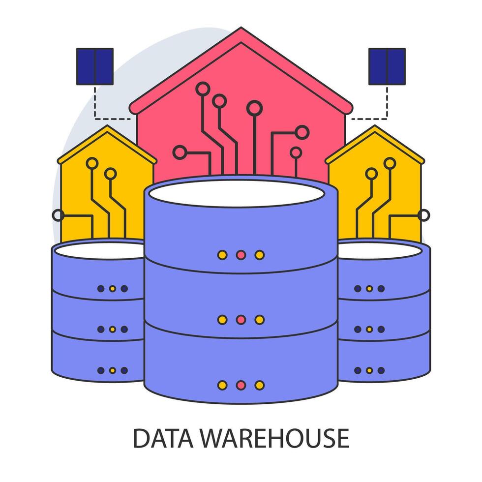 Data warehouse. Centralized data storage systems with advanced connectivity. vector