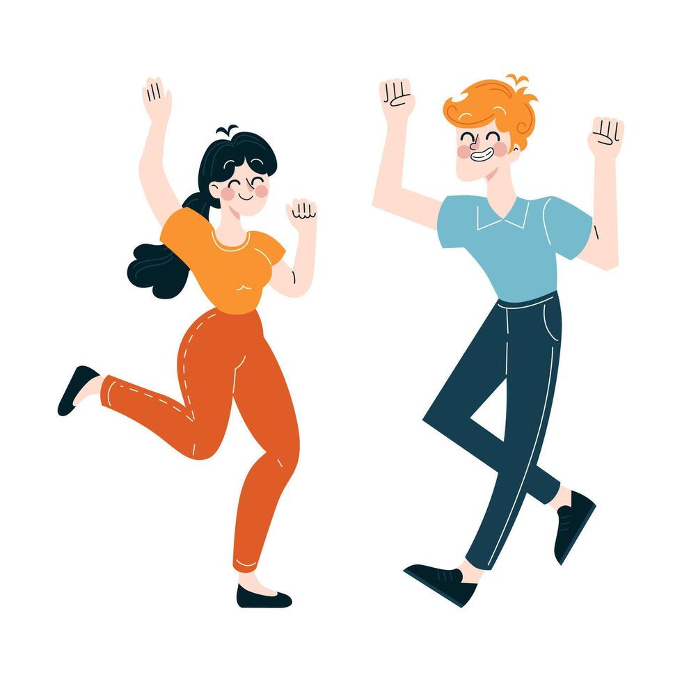A pair of employees exuding joy with raised arms and cheerful gestures vector