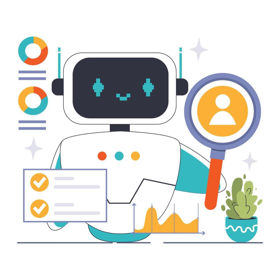 Personalization concept. Chatbot uses analytics and magnifier to tailor vector