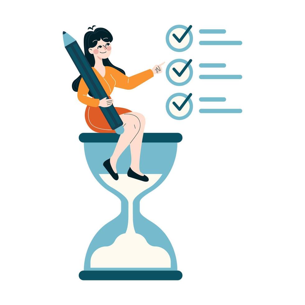 un mujer de negocios sentado en un reloj de arena mientras completando un Lista de Verificación, simbolizando eficiente Planificación vector