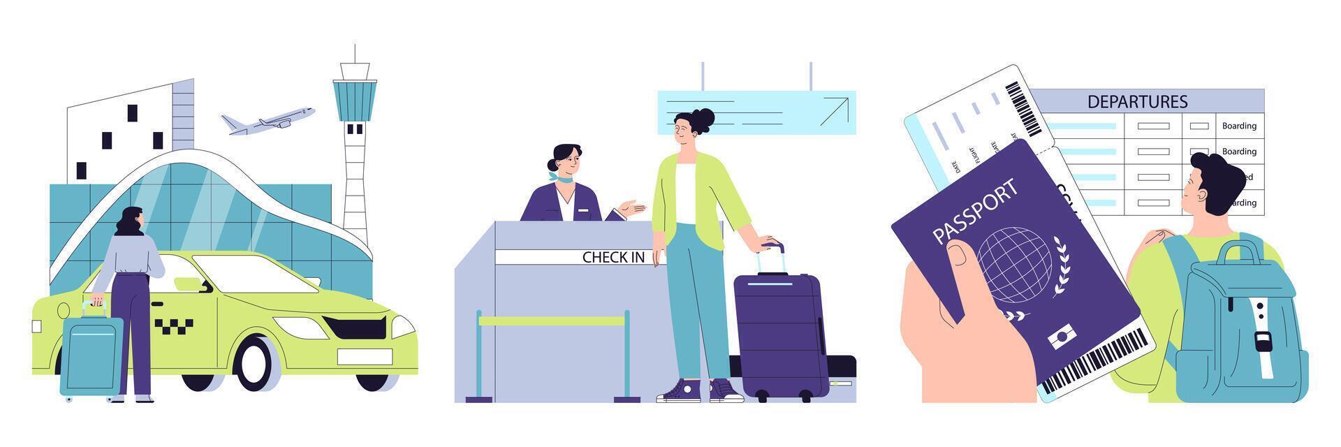 People in the airport set. Characters with a suitcase checking-in on a flight vector