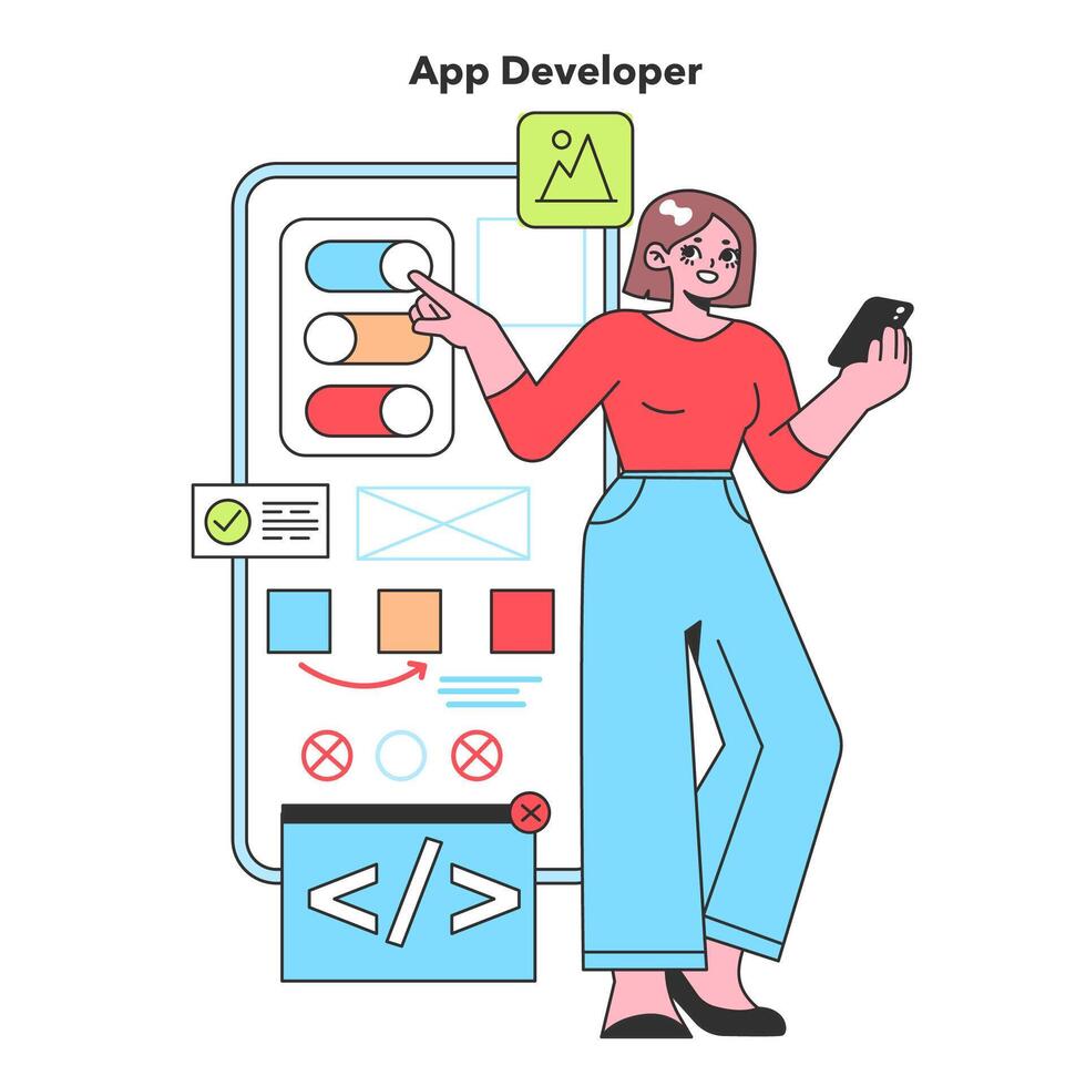 An App Developer taps into technology to create engaging mobile applications, showcasing the innovative spirit of software development in the digital age. vector