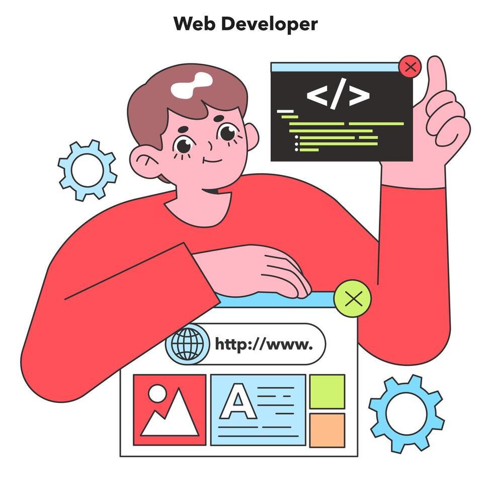 A Web Developer expertly crafts code, the building block of digital realms, showcasing the creative and technical expertise in IT web development vector