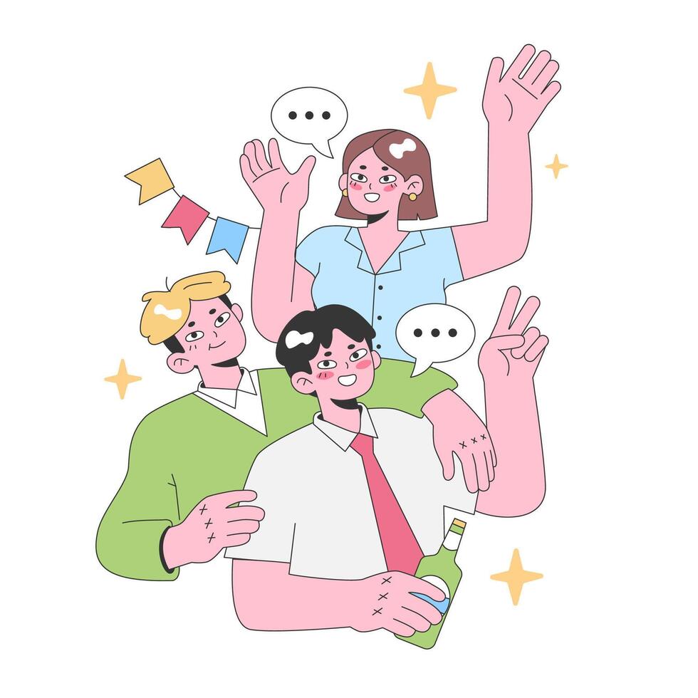 Joyful colleagues celebrate together. Flat vector illustration