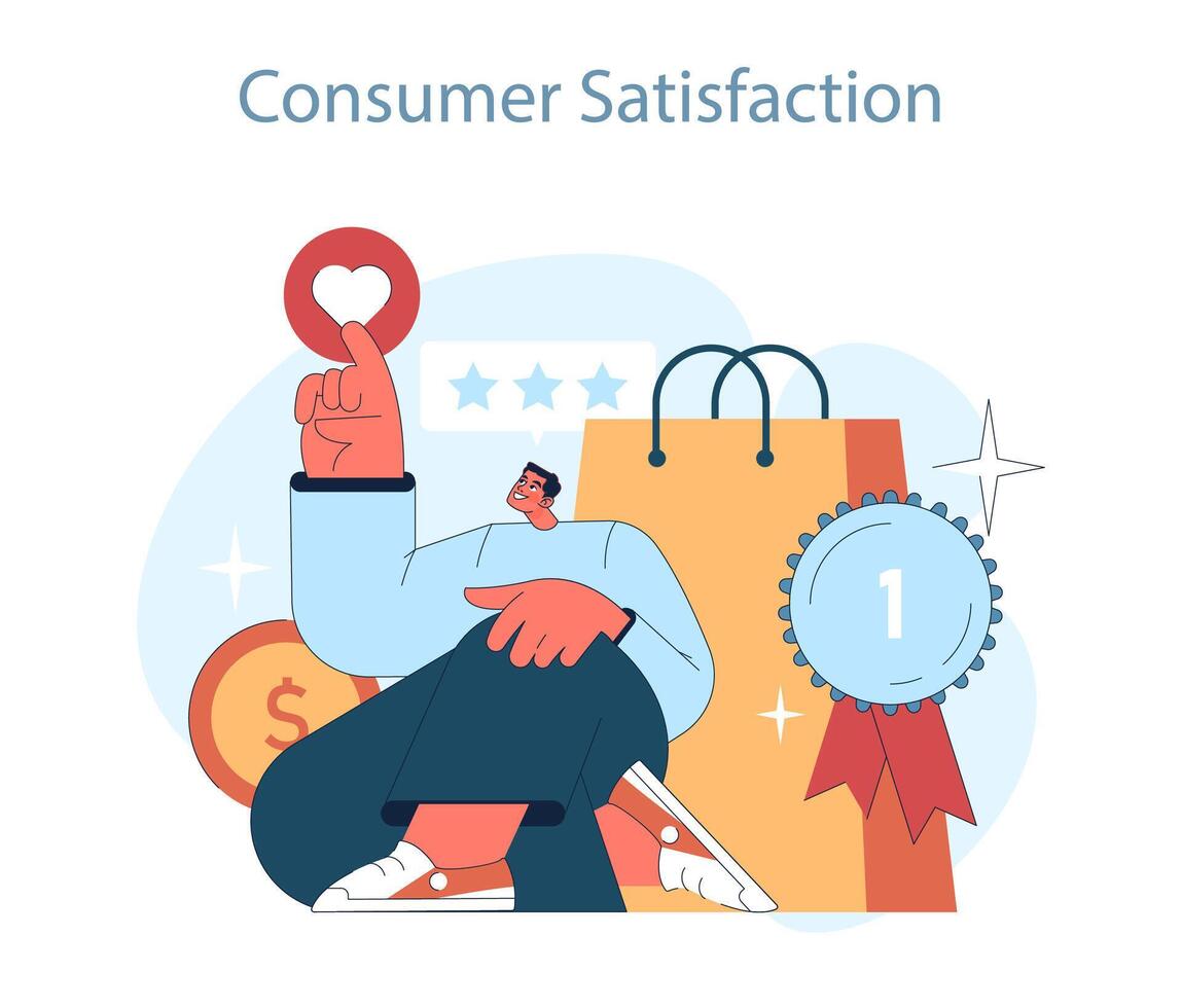 Consumer behavior. Purchase journey. A shopper expresses joy, celebrating vector