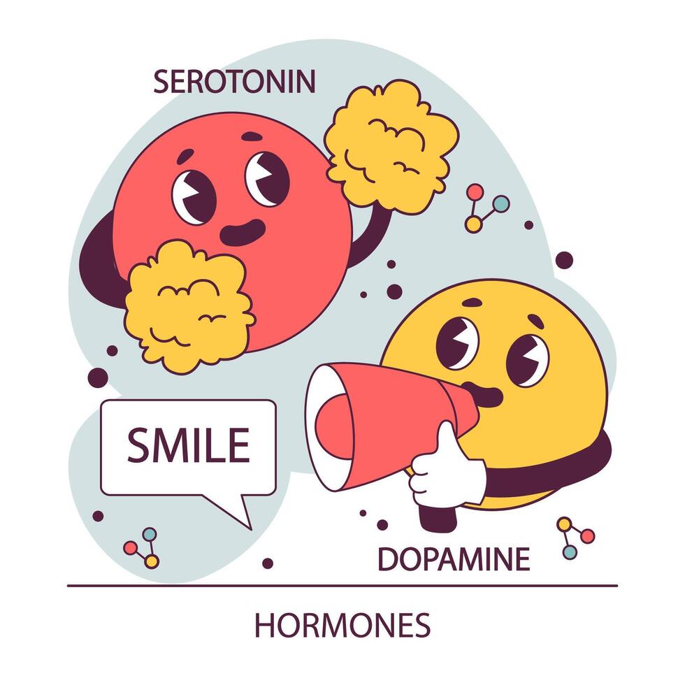 Endocrine system. Hormones function. Serotonin and dopamine effect. vector