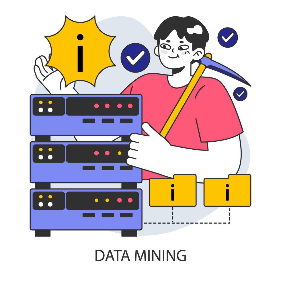 Data mining. An expert analyzing servers for valuable insights. vector