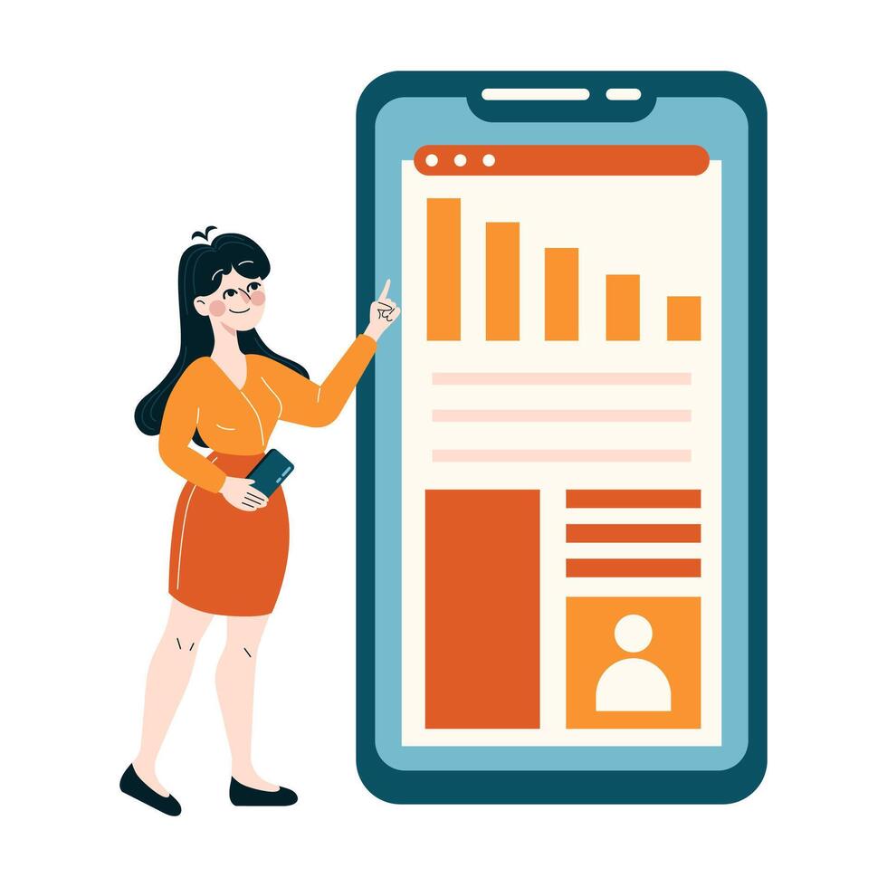 Woman expert analyzing growth data on a colossal phone interface, strategic planning vector