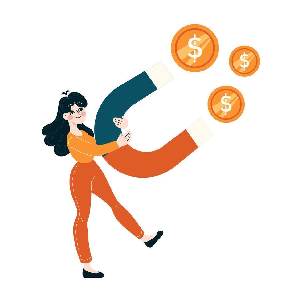 A businesswoman attracting money with a magnet, symbolizing profit and investment success vector