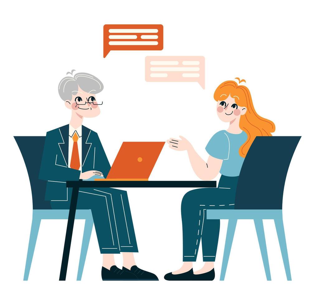 A businessman and businesswoman engaged in a productive discussion at a desk with laptops, exchanging ideas vector