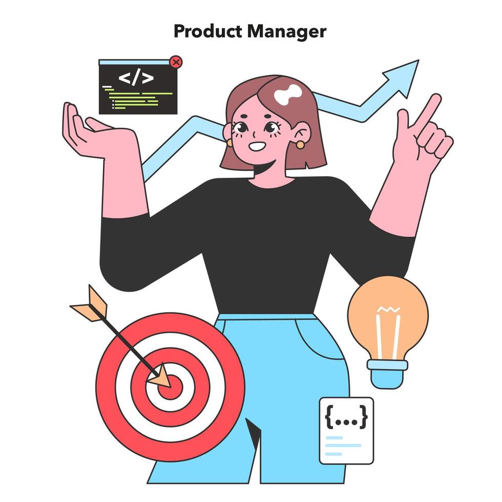 A Product Manager orchestrates the product life cycle with precision, symbolized by a target and upward trends, embodying strategic vision in tech development. vector