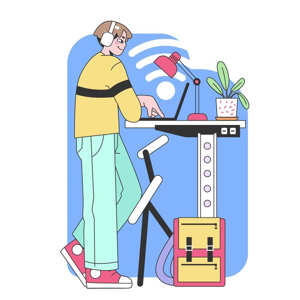 Focused young man tuning into productivity. Flat vector illustration