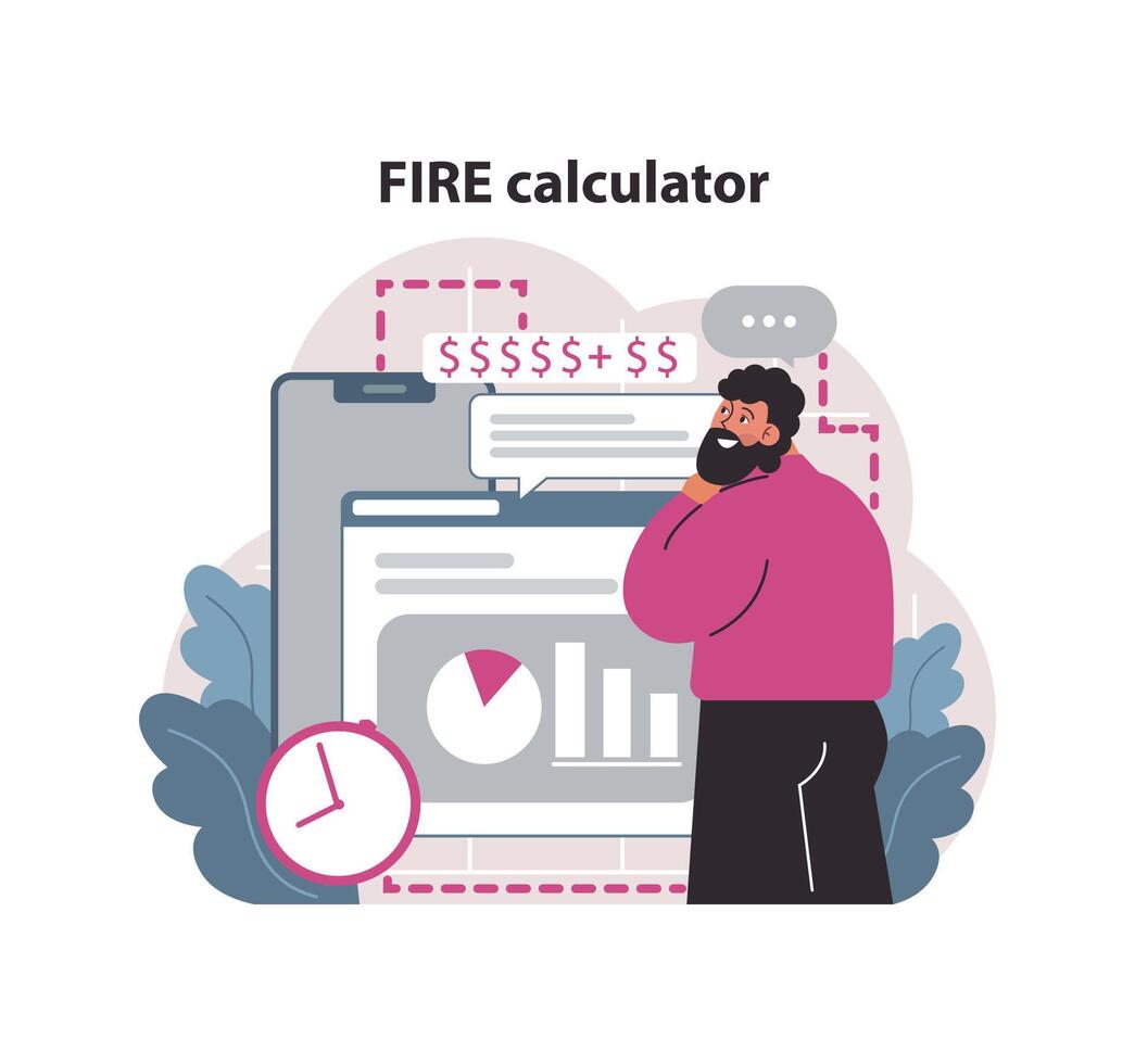 financiero independencia, fuego concepto. inversión portafolio calculadora. vector