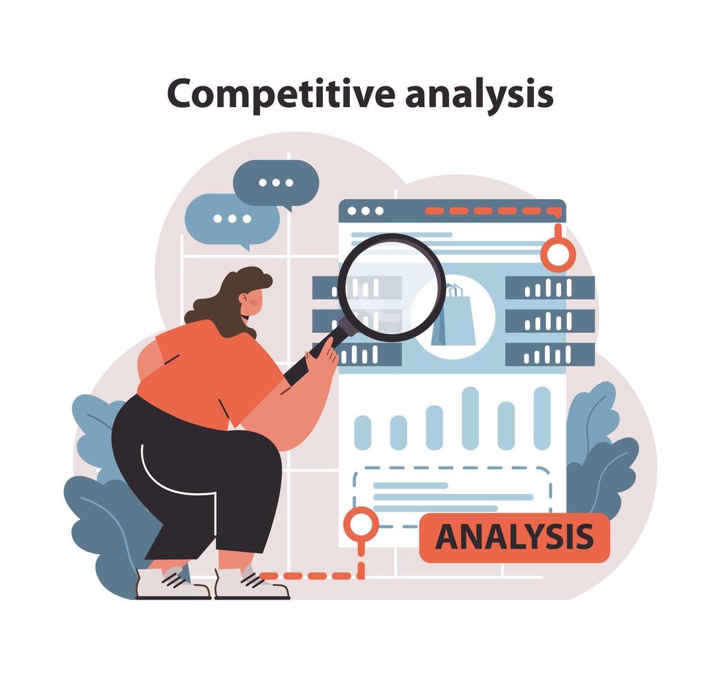 Focused woman conducting competitive analysis. Flat vector illustration