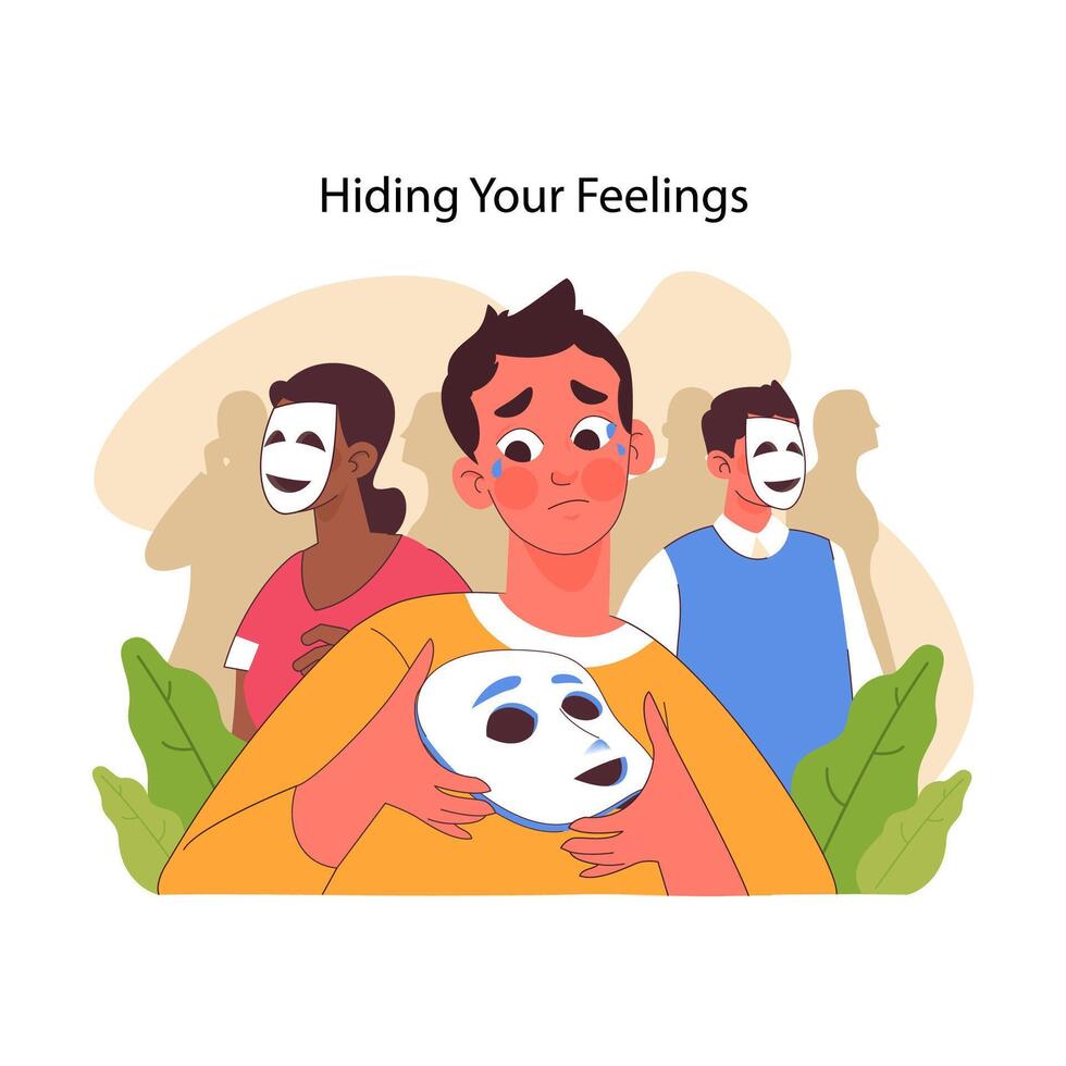 Hiding your feelings concept. Flat vector illustration