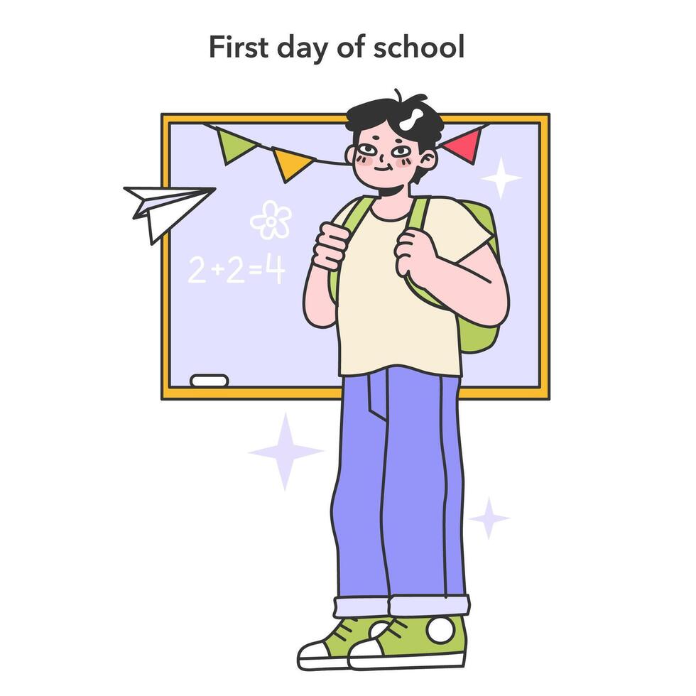 primero día de escuela. chico con mochila en pie en frente de pizarra. vector
