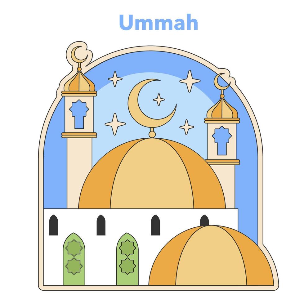 ummah unidad concepto con mezquita arquitectura debajo un estrellado cielo y creciente Luna. plano vector ilustración