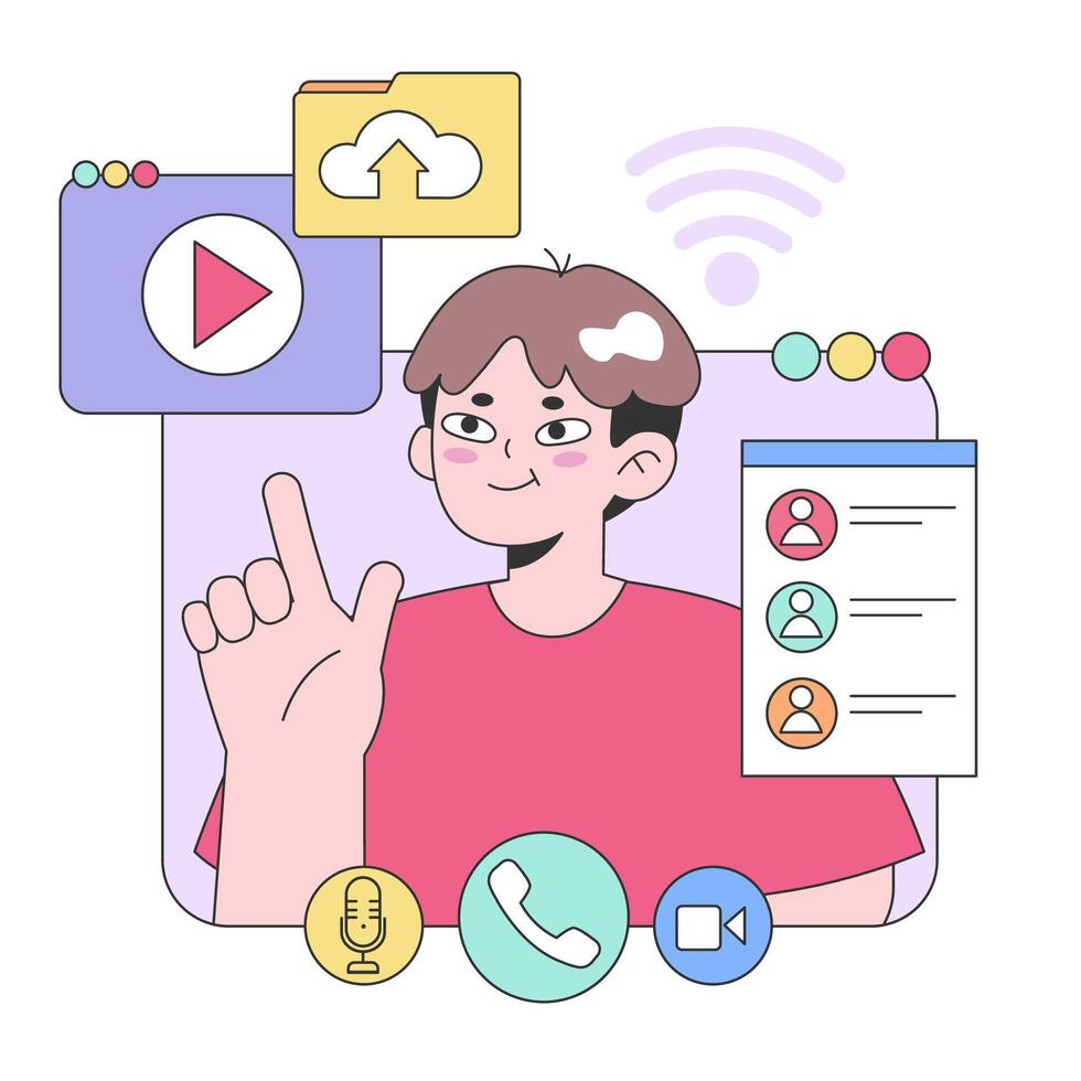 Enthusiastic young man navigating the digital world. Flat vector illustration