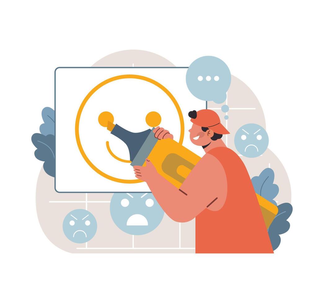 Man presenting the essence of happiness on a screen. Flat vector illustration
