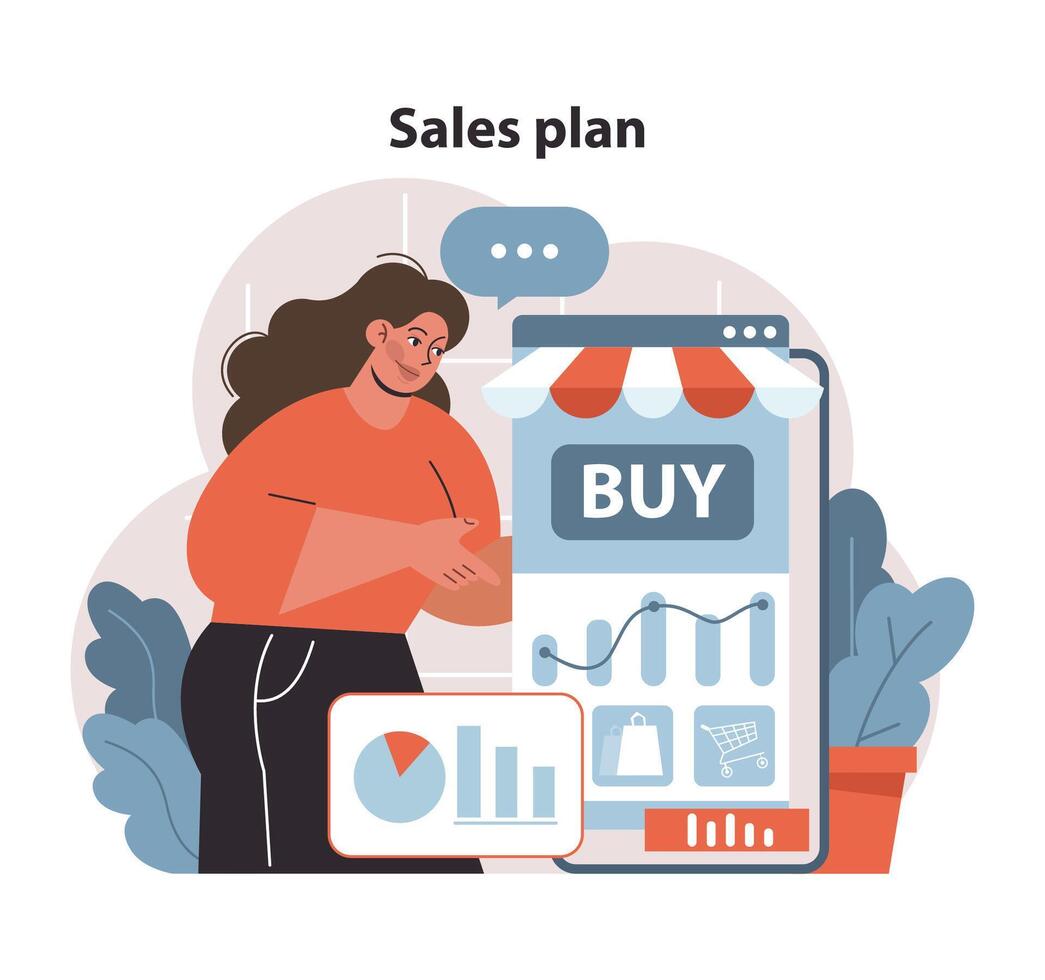 ventas plan estrategia. un estratégico Acercarse a mejorando en línea compras. vector