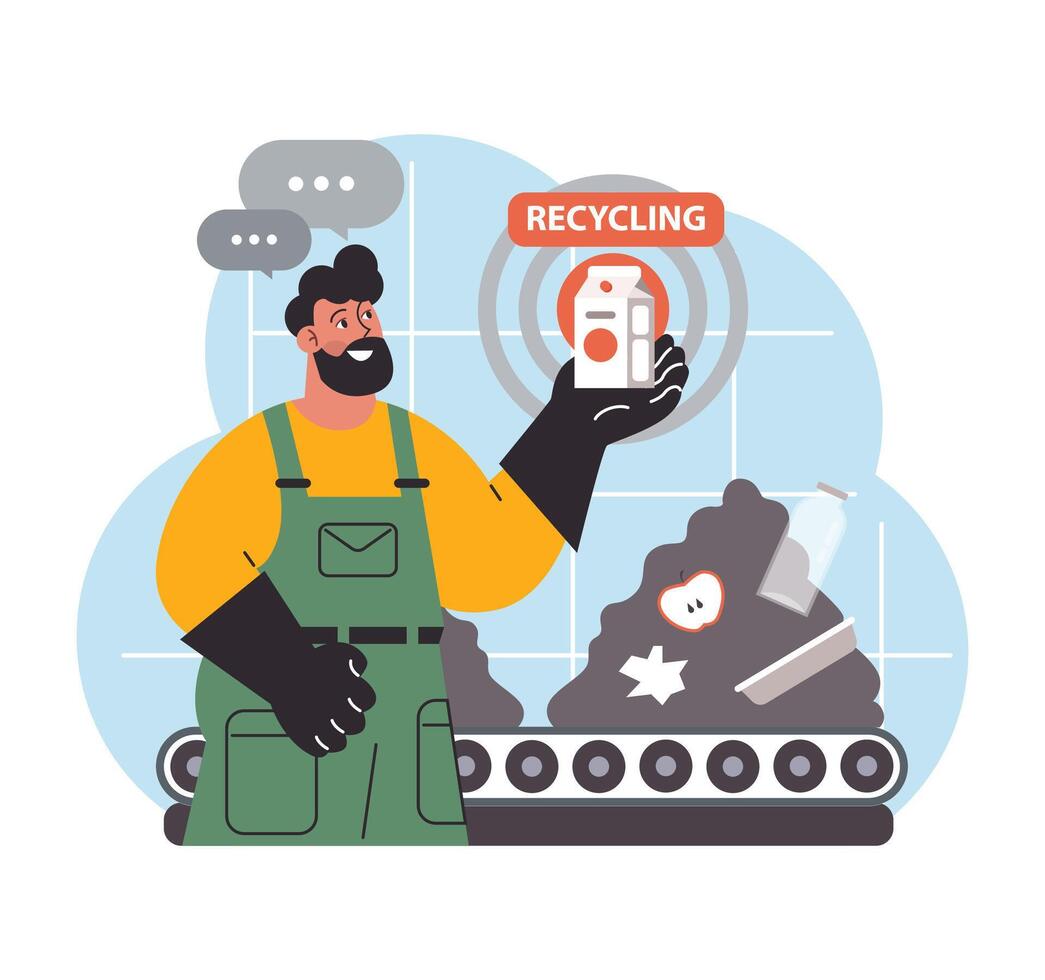 Worker showcases a recycling. Flat vector illustration.