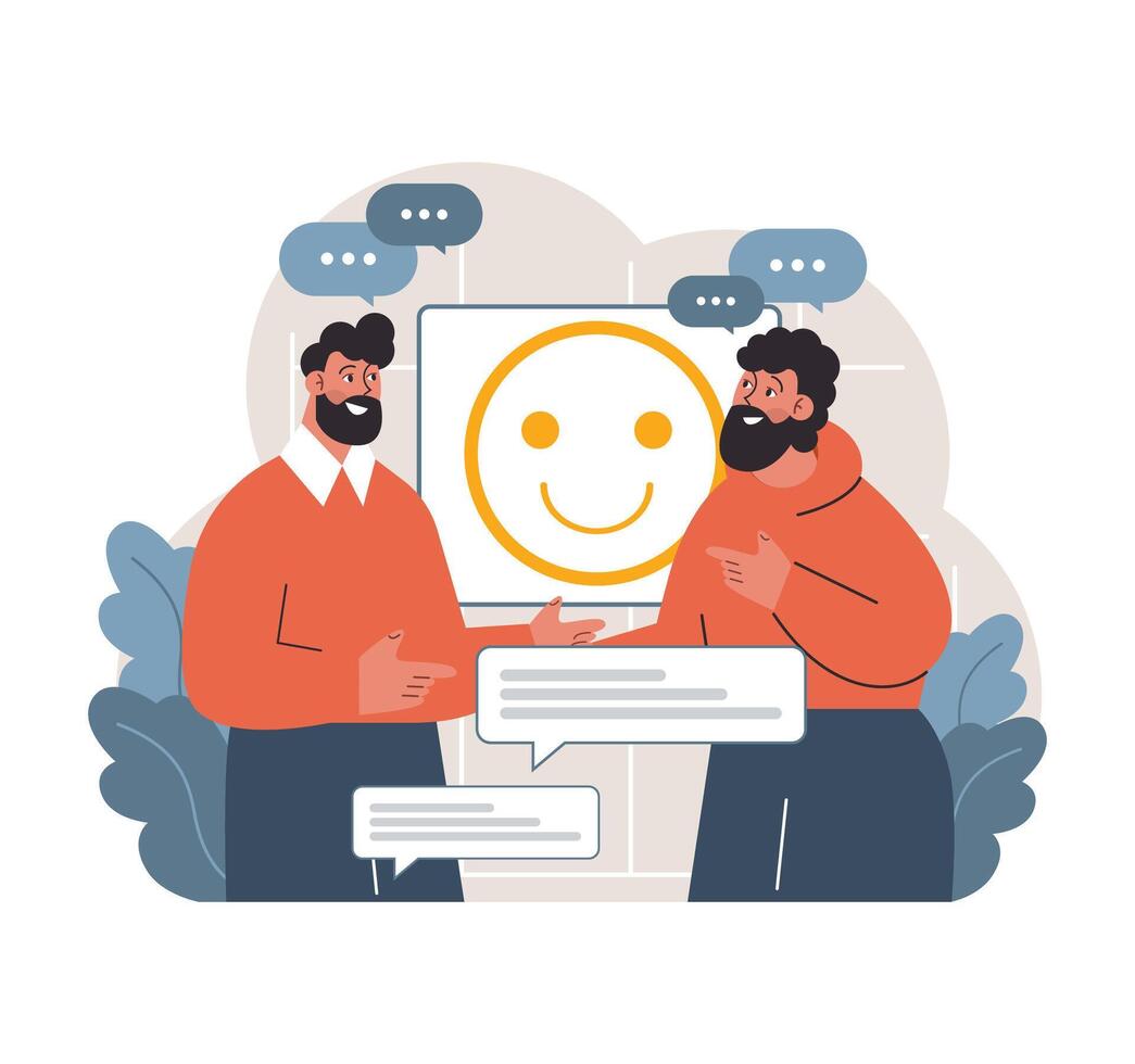 Two diverse men discussing work. Flat vector illustration