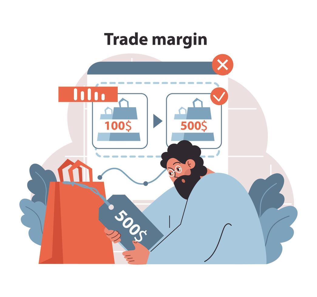 Trade Margin Analysis. A financial concept illustration showing cost versus sales price to calculate trade margins. vector