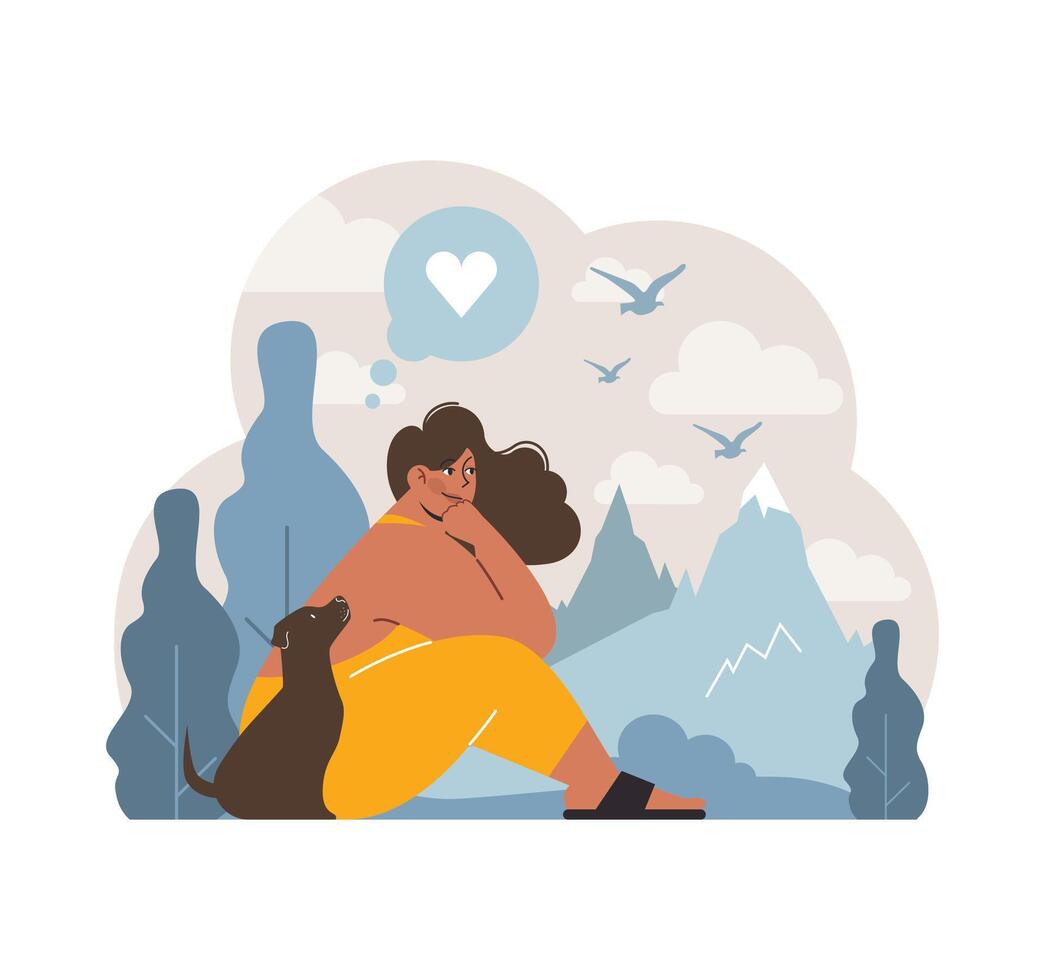 Tranquil scene of woman with her pet dog. Flat vector illustration
