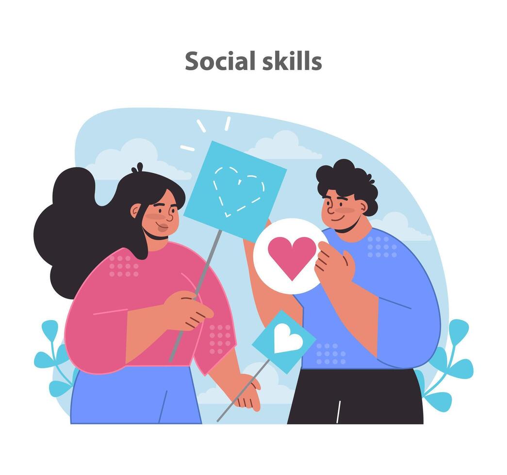 Social skills enhancement set. Illustrating interpersonal connection and heartwarming interactions. vector