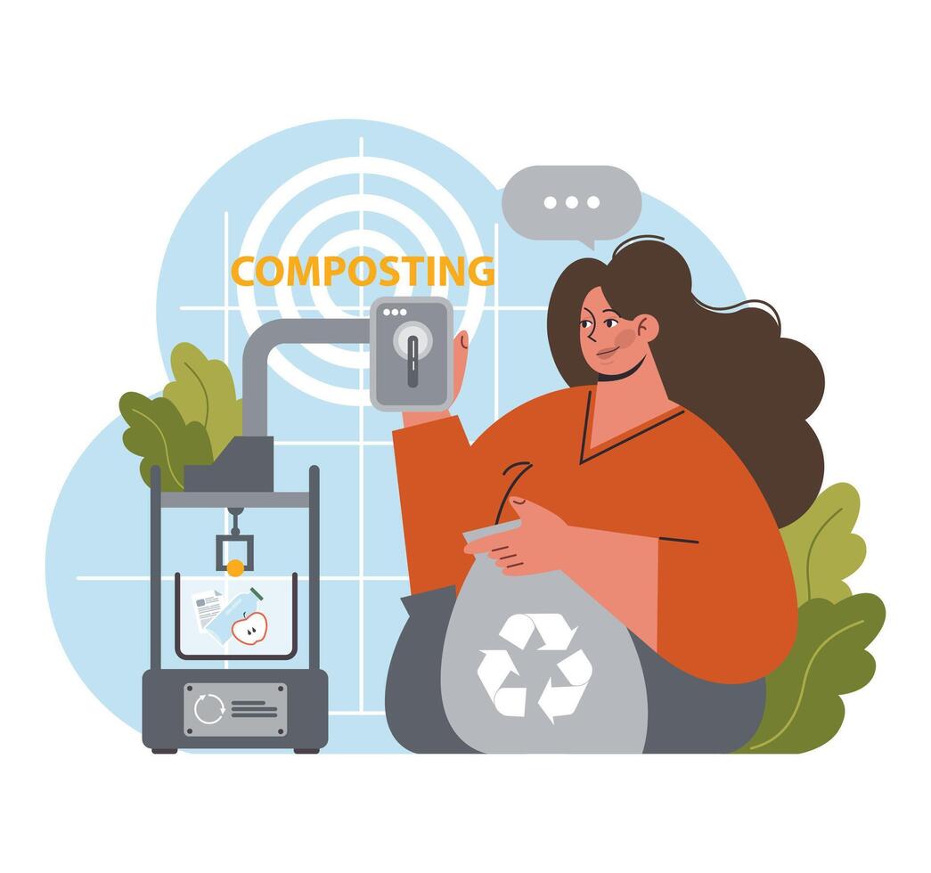 Cheerful woman guides composting process in urban setting. Flat vector illustration