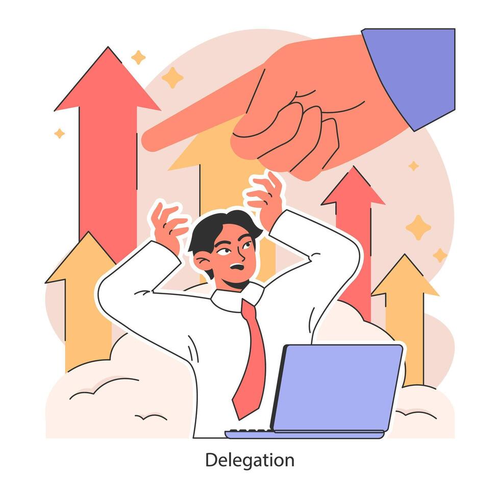 Delegation. Stressed businessman employee. Boss hand assign and control vector