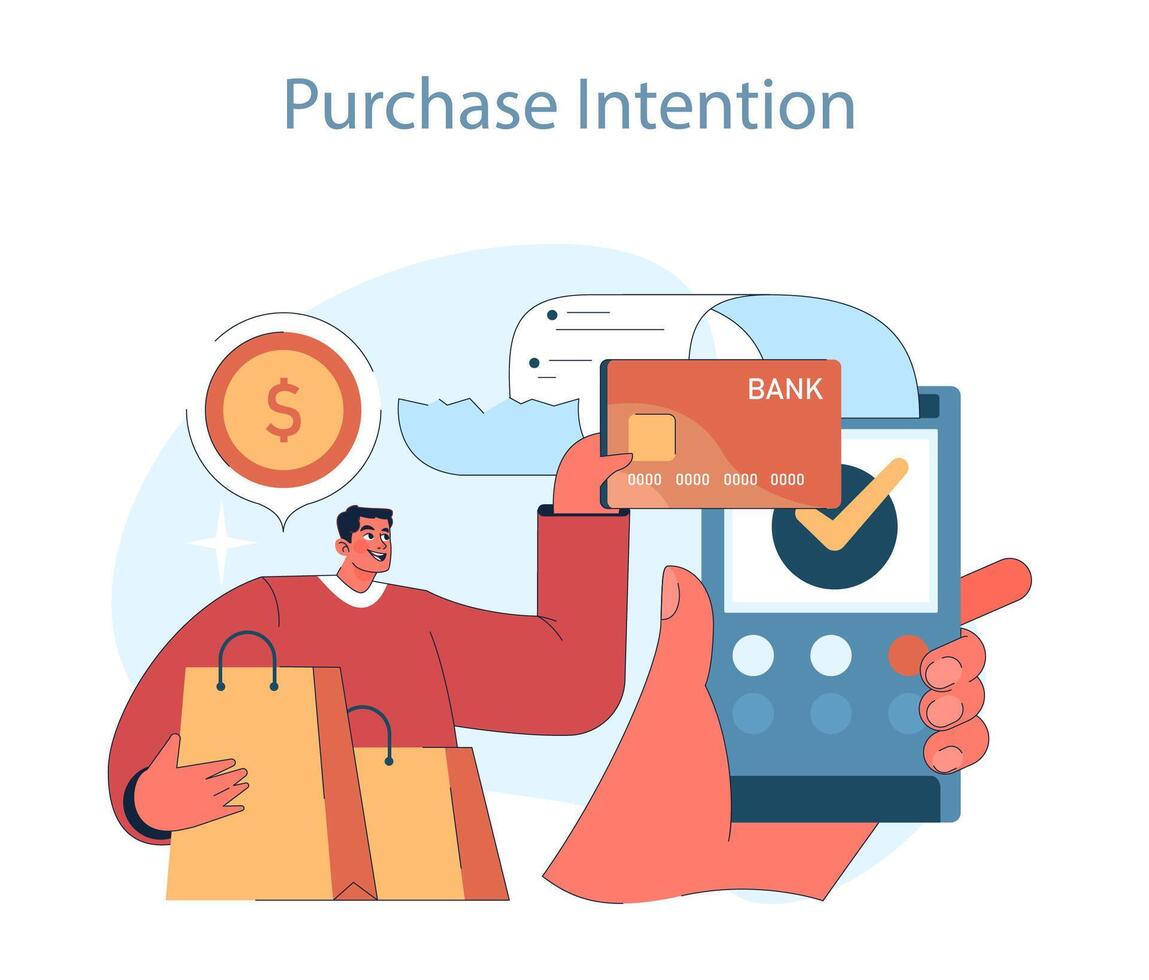 Consumer behavior. Purchase journey. Confident shopper securing a transaction vector