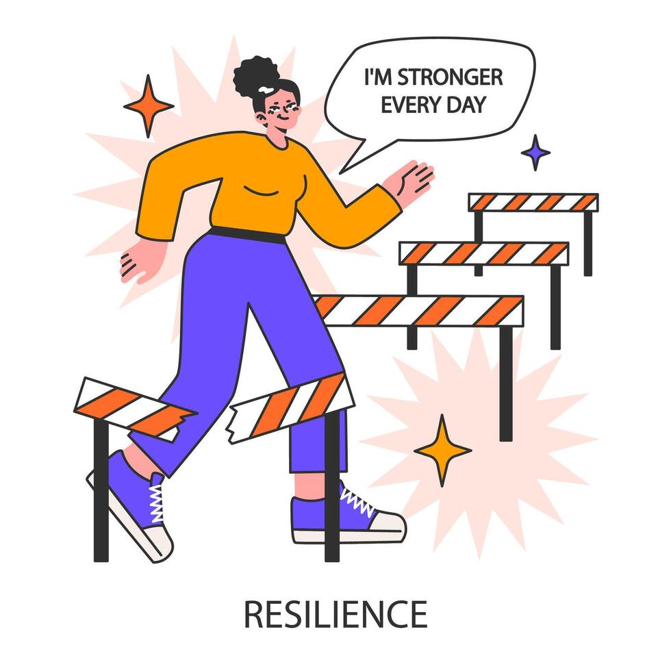 Resilience. Confident woman steps over hurdles. Determined female vector