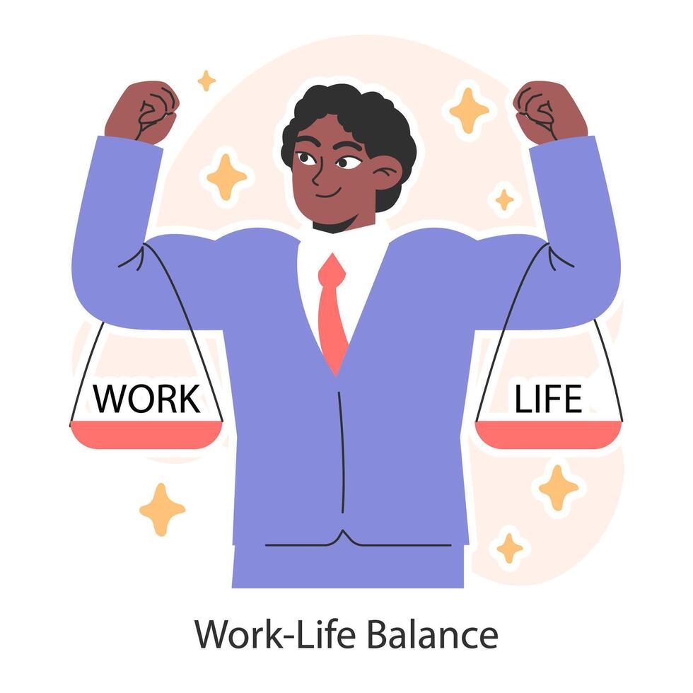 vida laboral balance. hombre hábilmente equilibrio trabajo y vida. priorizando vector