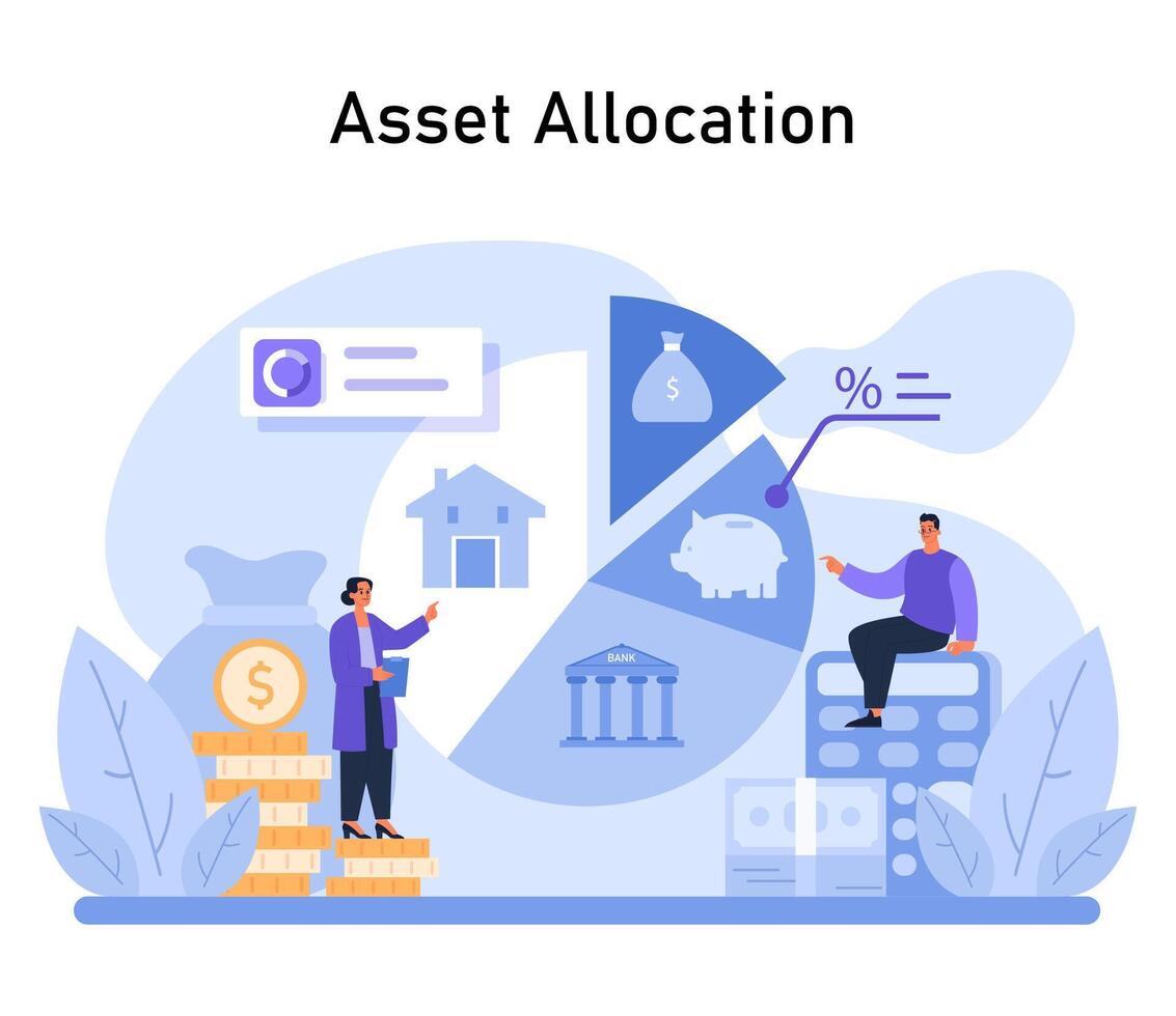 Financial Strategy concept. Strategic distribution of assets for growth, showcasing banking, savings, and investment dynamics vector