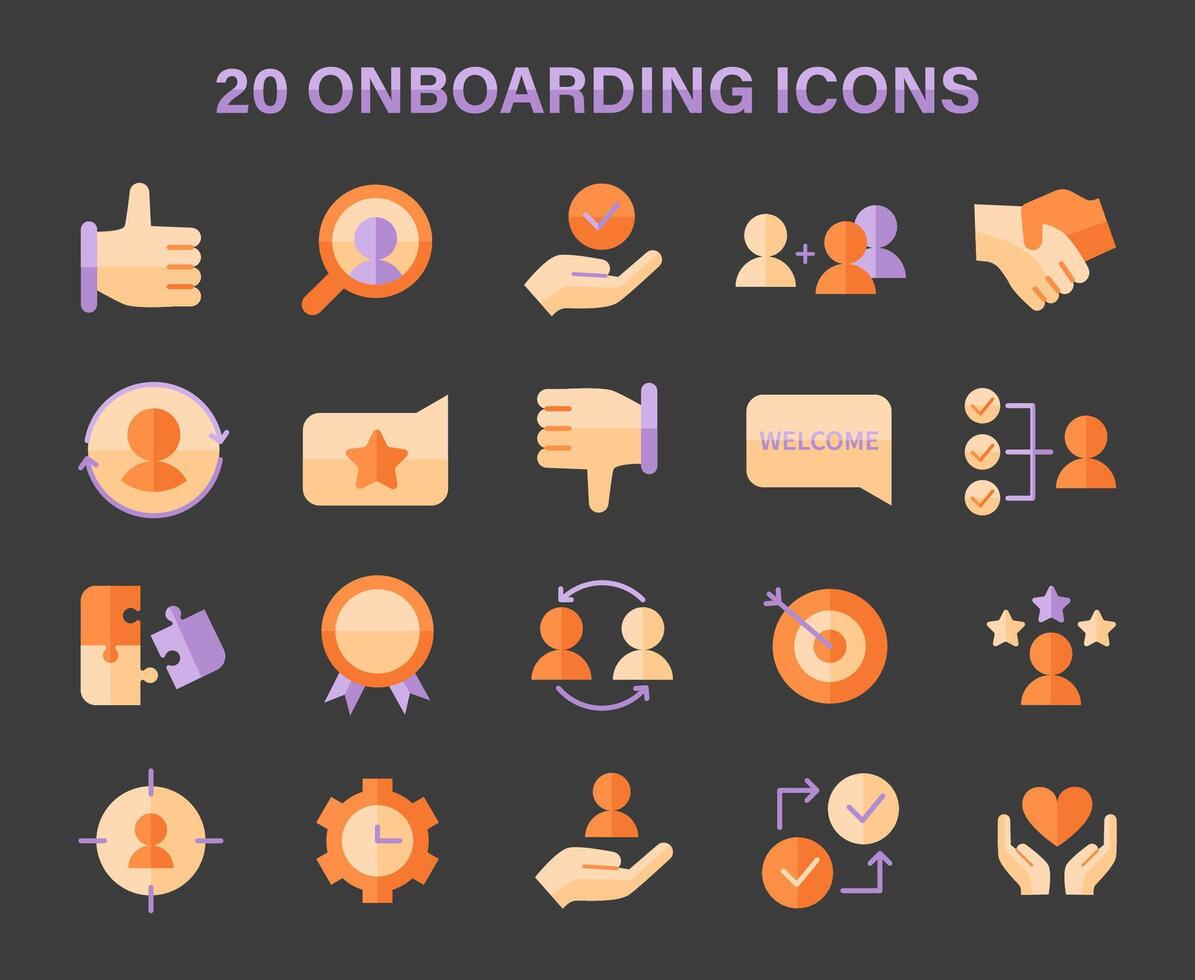 Onboarding icons set. Icons depicting key steps in welcoming and integrating new members. vector